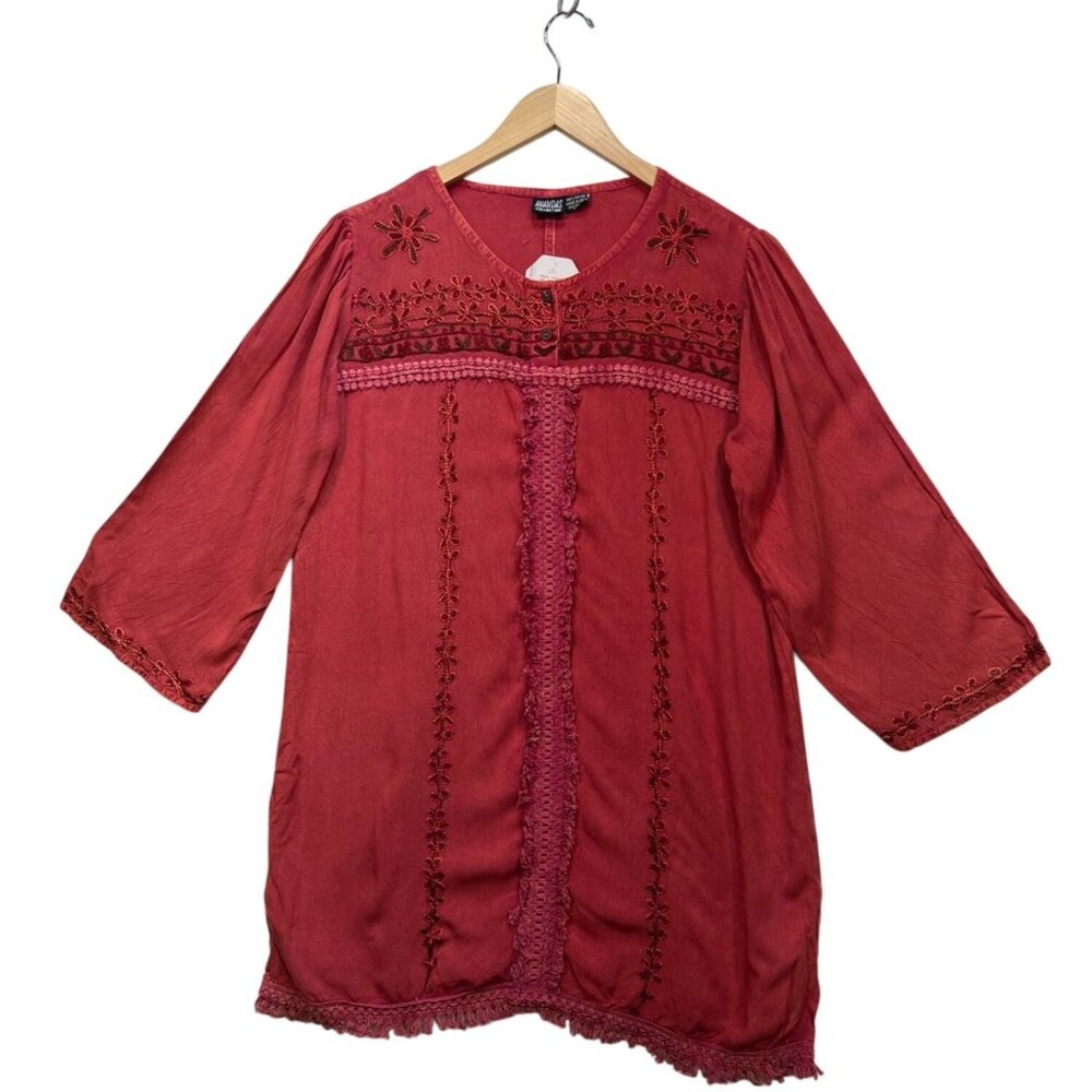 NWT Anandas Collection Womens Tunic Blouse Large Red Embroidered Casual Boho Top